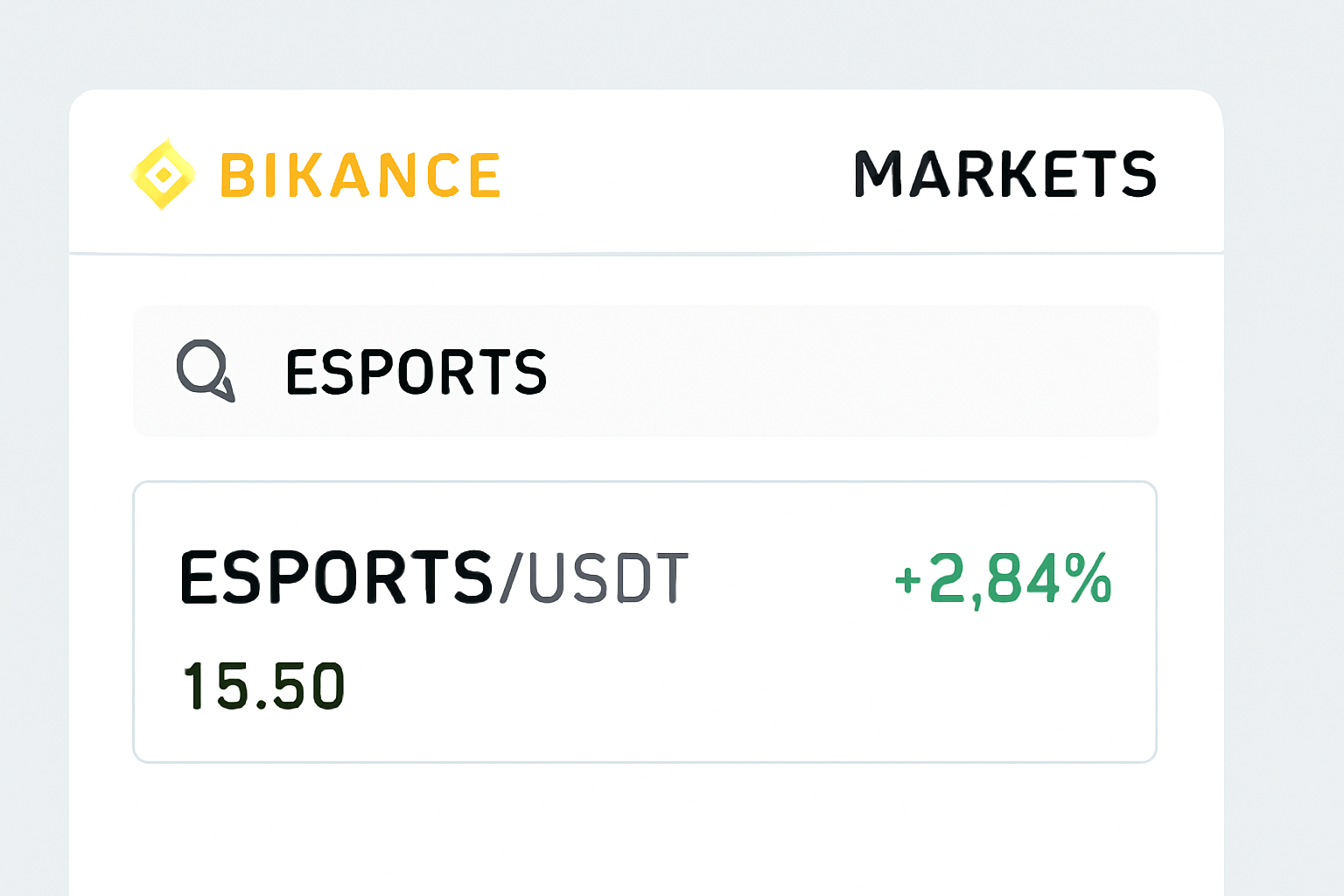 Binance Markets page with 'ESPORTS' entered in the search bar, displaying ESPORTS/USDT trading pair.