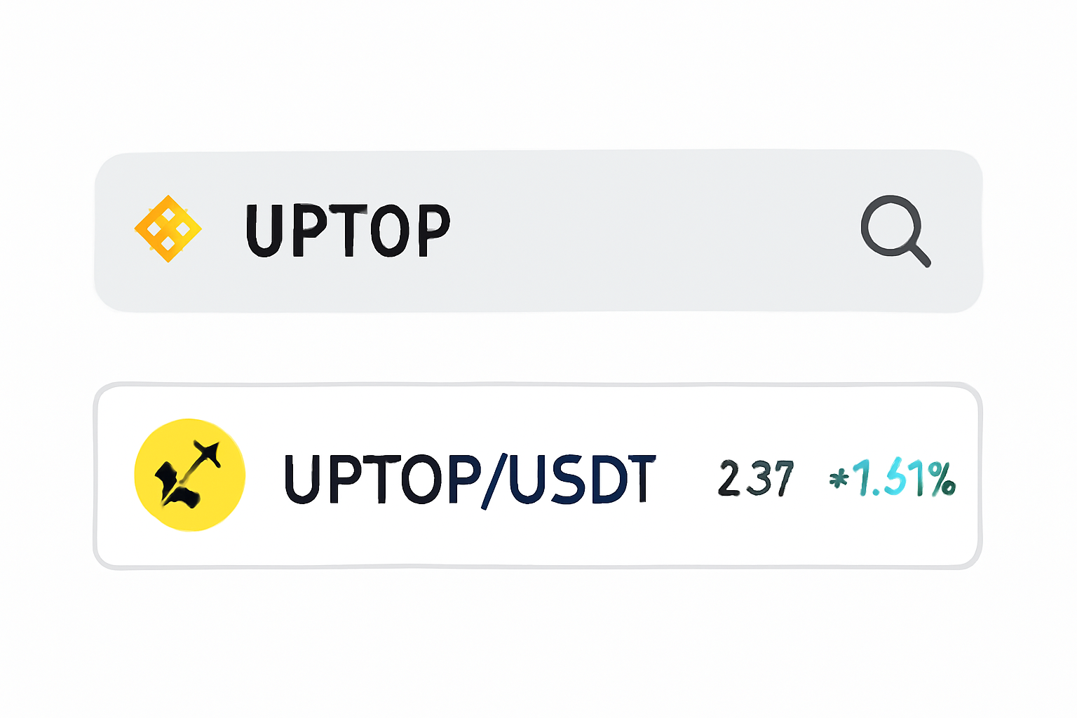 A search bar on Binance with 'UPTOP' typed in, and the UPTOP/USDT trading pair displayed with price details.