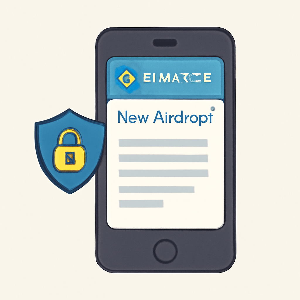 A smartphone with Binance notifications enabled, shield and lock icons representing security, and a list of new airdrop alerts.