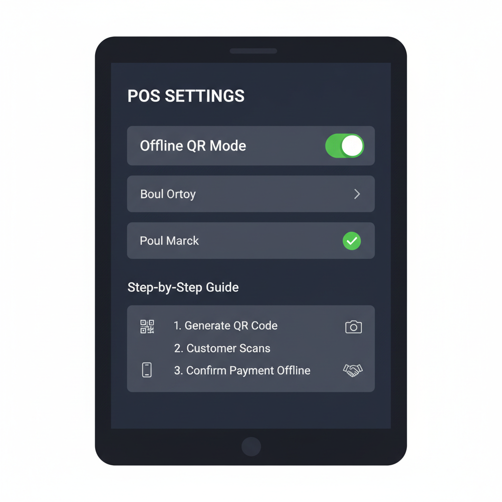 Opago POS settings interface with offline QR mode toggle switched on, green checkmark, sleek dark mode UI