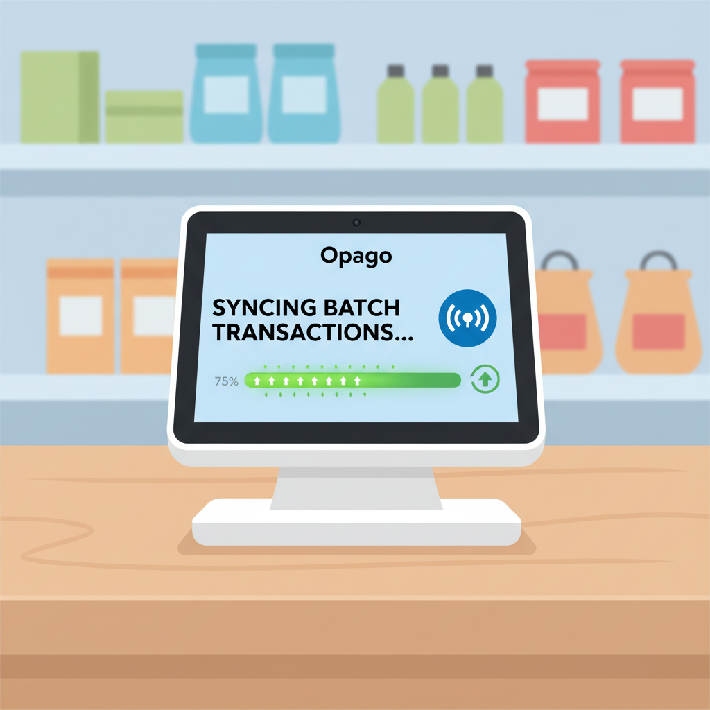 Opago POS terminal syncing batch transactions with WiFi bars and progress bar, green upload animation, retail environment