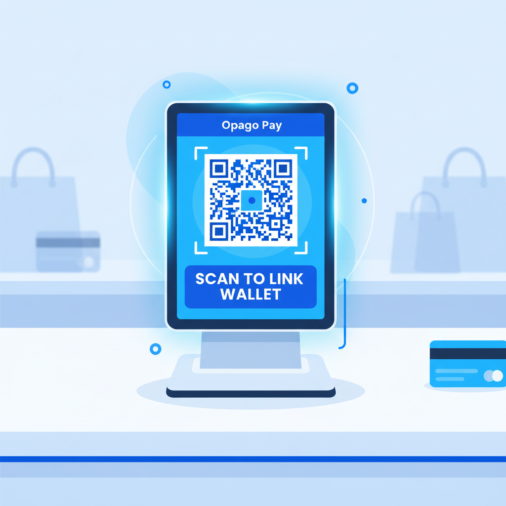 Modern Opago POS terminal screen displaying wallet link QR code on retail counter, vibrant blues, energetic glow