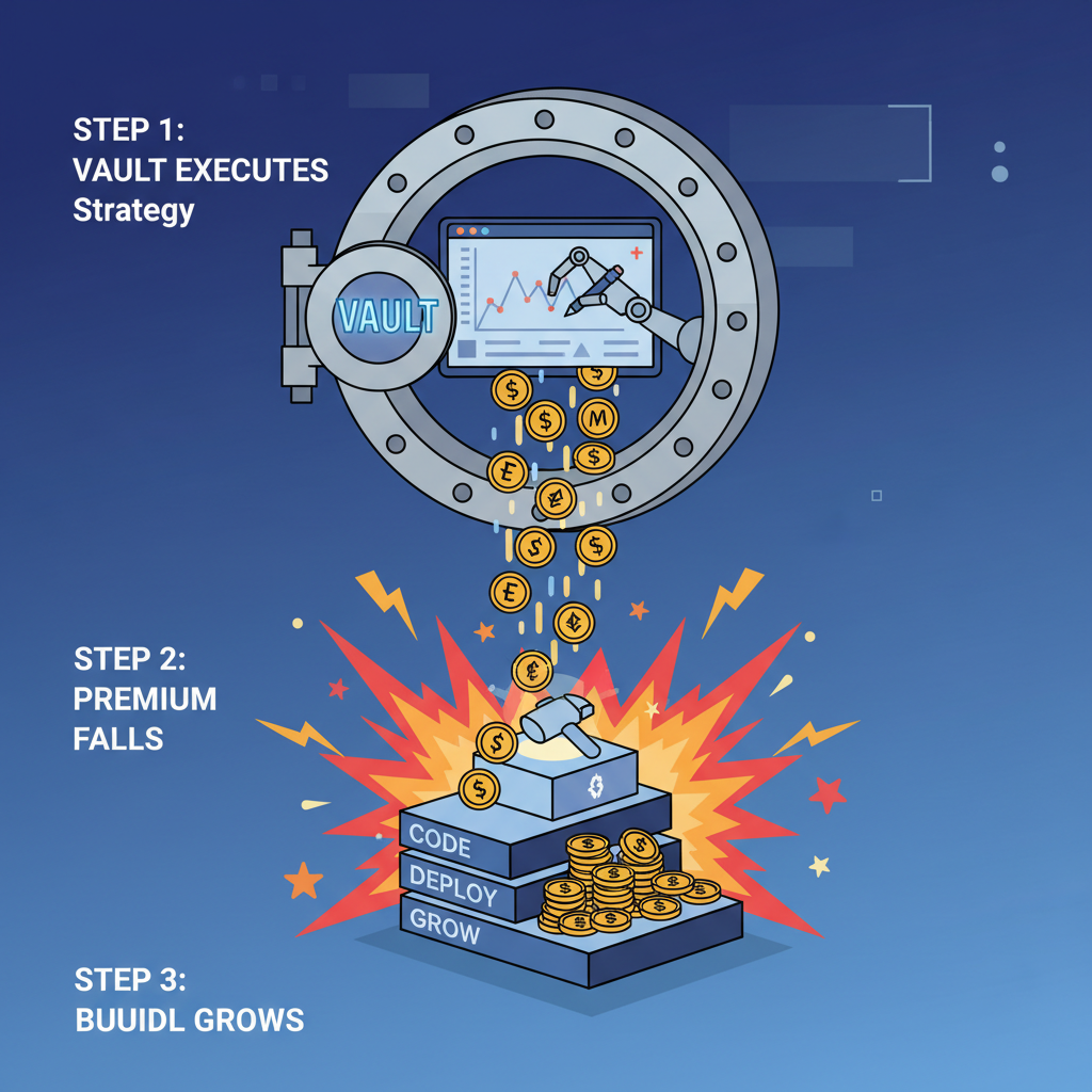 automated covered call strategy executing in vault, premium coins raining down on BUIDL stack, explosive graphics