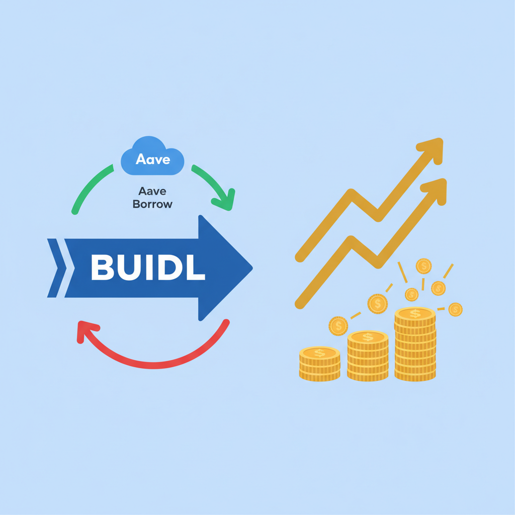 compounding yield loop with BUIDL, Aave borrow, charts rocketing upwards, golden coins multiplying