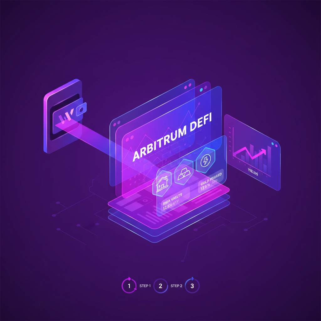 wallet connecting to DeFi dashboard on Arbitrum, holographic screens showing RWA vaults, vibrant purple hues