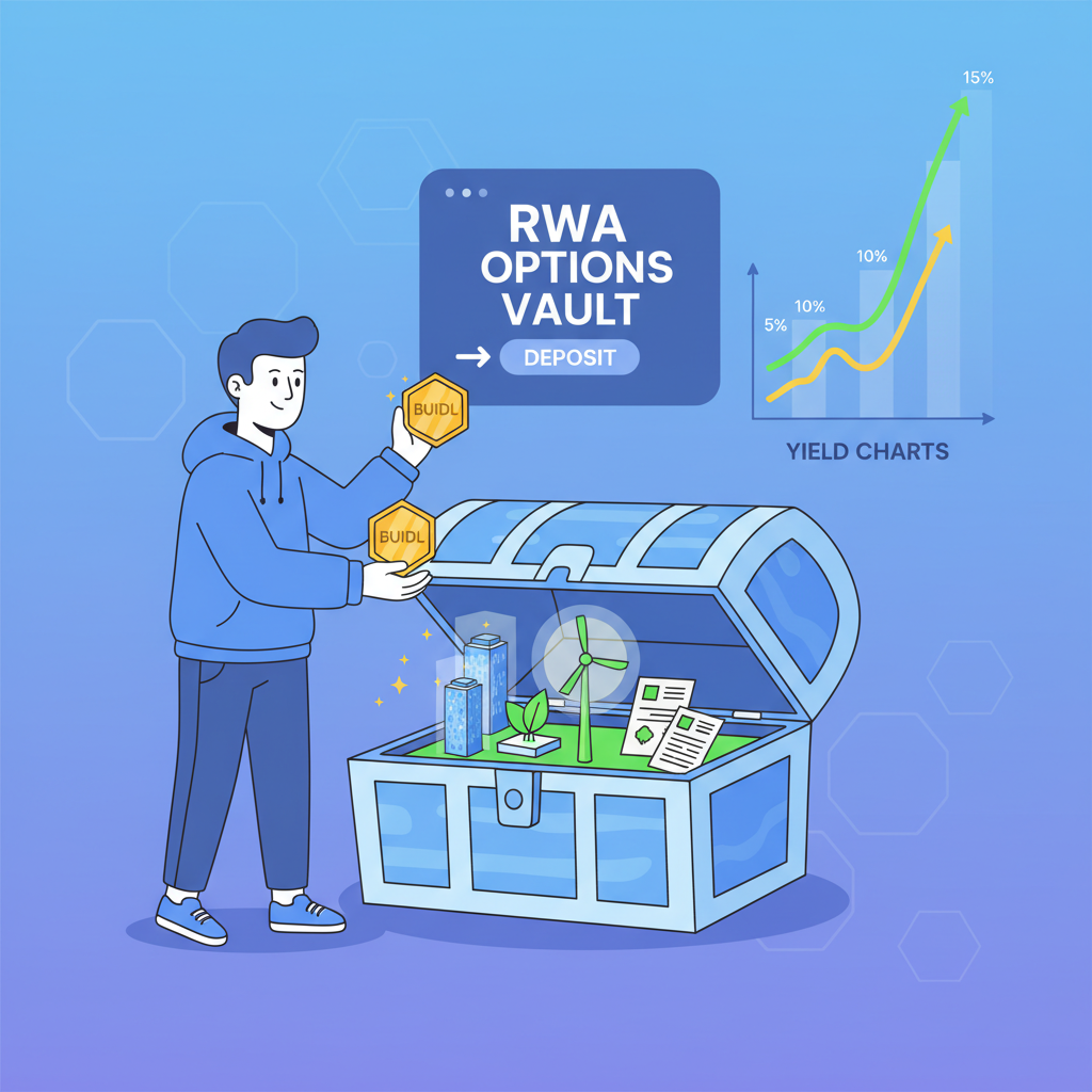 user depositing shiny BUIDL tokens into glowing RWA options vault interface, yield charts spiking