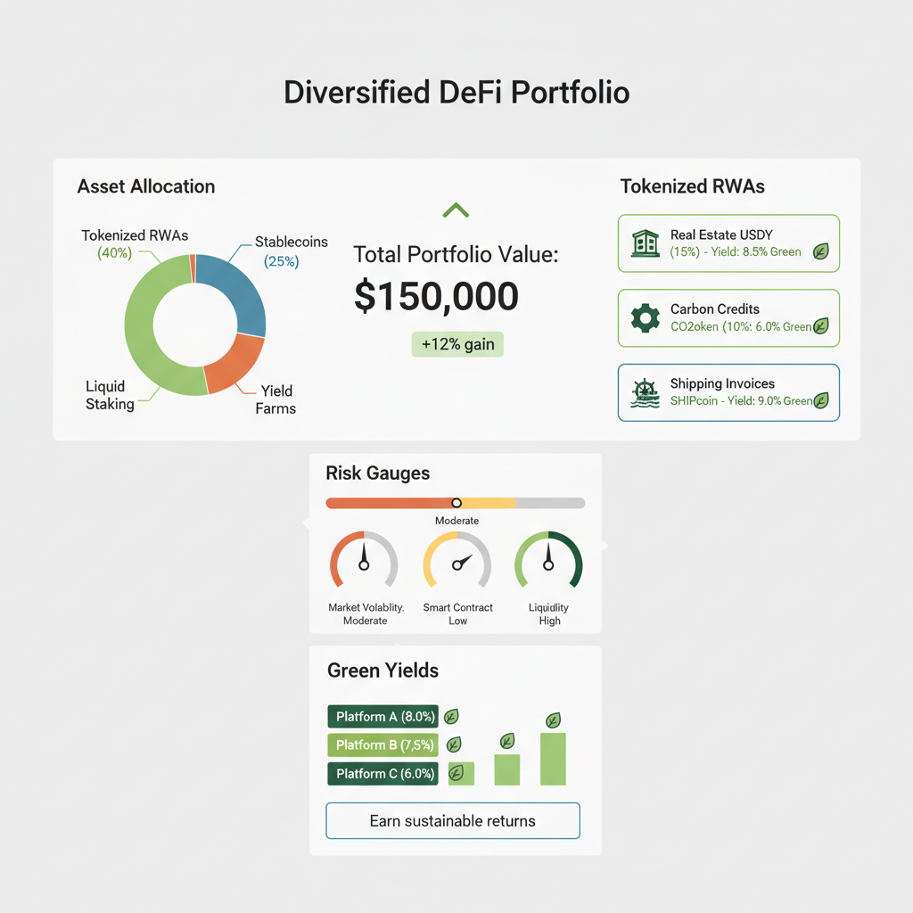 diversified DeFi portfolio dashboard tokenized RWAs risk gauges green yields