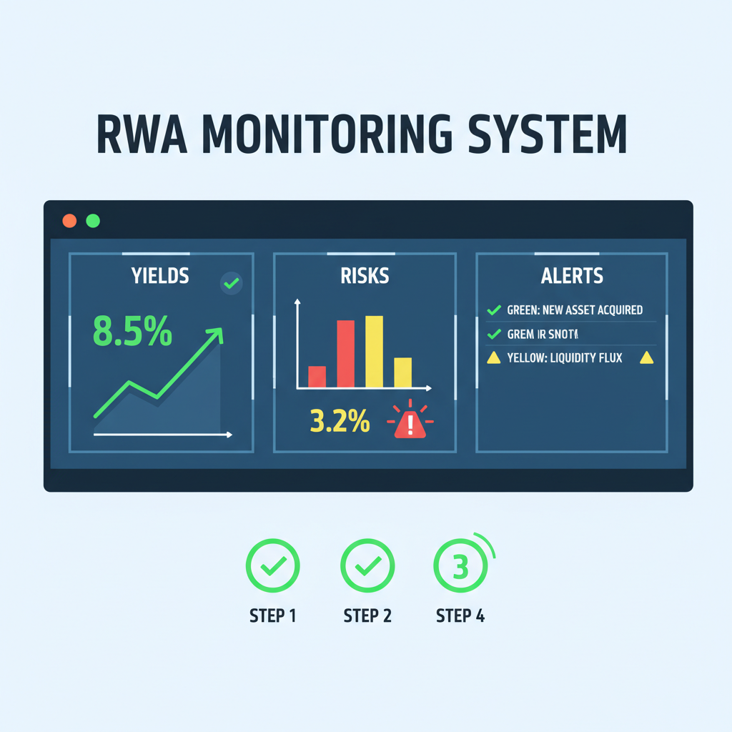 dashboard monitoring RWA yields and risks, alerts and charts in cyber style, green success indicators