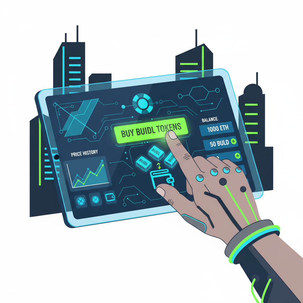cyberpunk trader buying glowing BUIDL tokens on DEX screen, neon blues and greens, futuristic UI