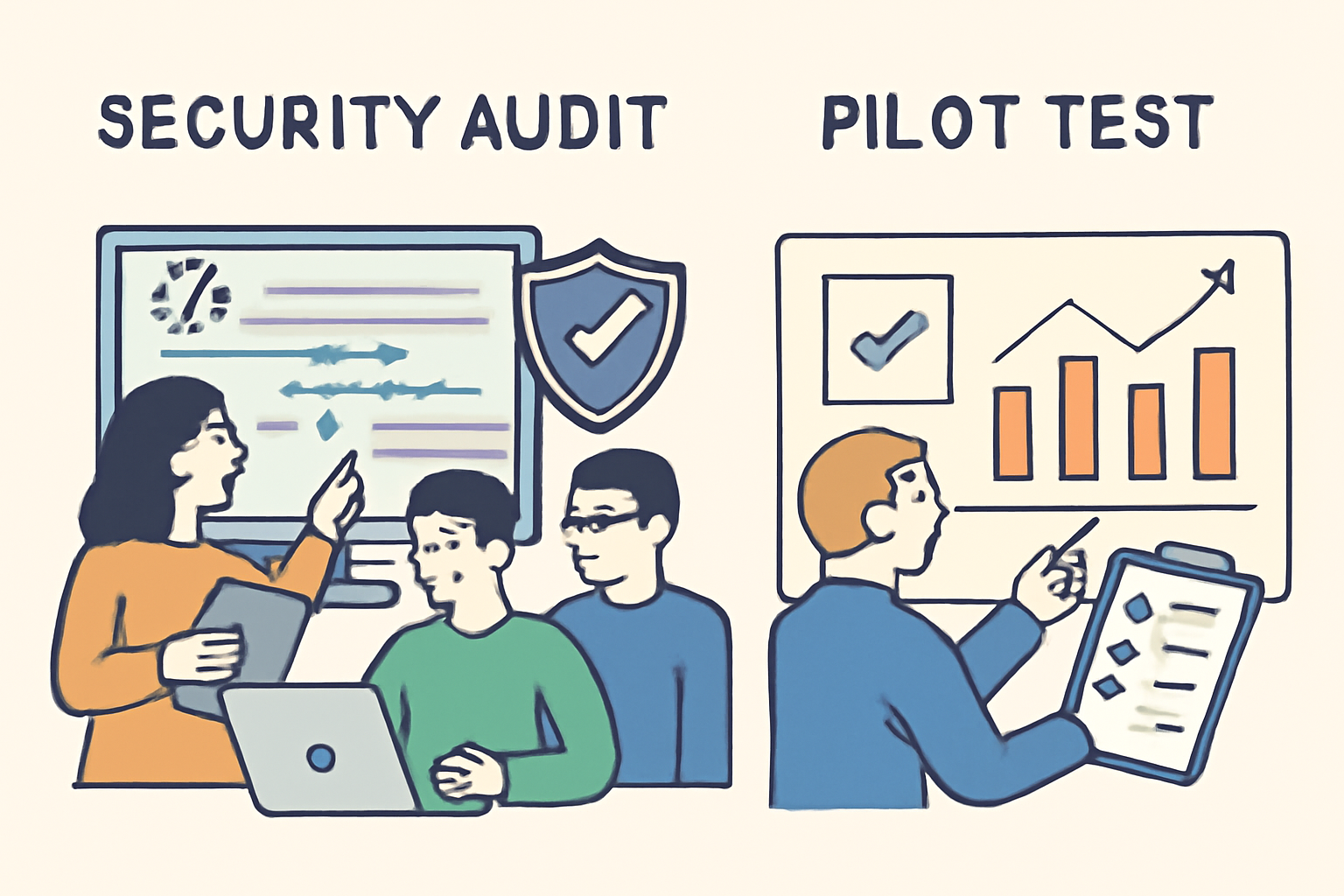 A team conducting a security audit of blockchain code, followed by a pilot test with charts and checklists.