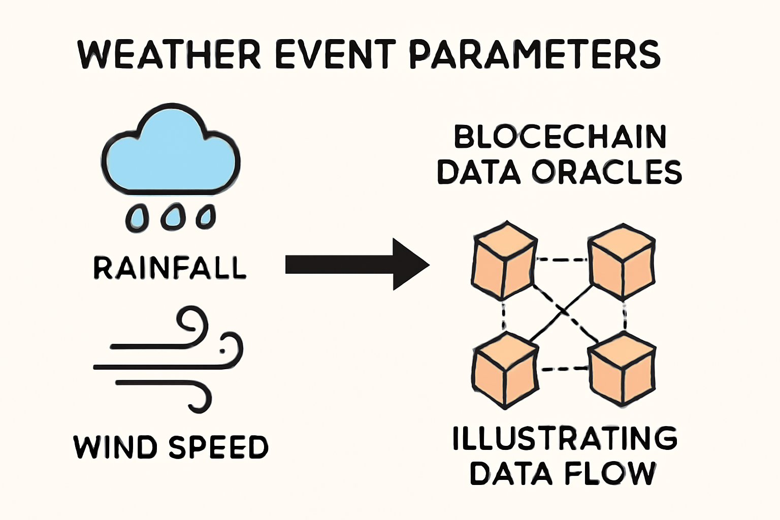 A diagram showing weather event parameters (rainfall, wind speed) connected to blockchain data oracles, illustrating data flow.