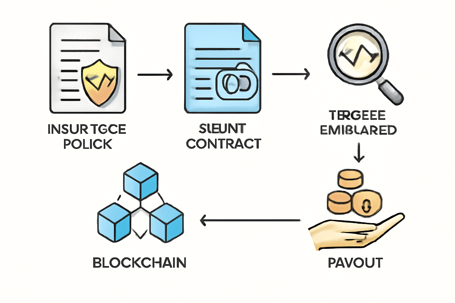 A flowchart of a smart contract automating insurance policy issuance, trigger evaluation, and payouts on a blockchain network.