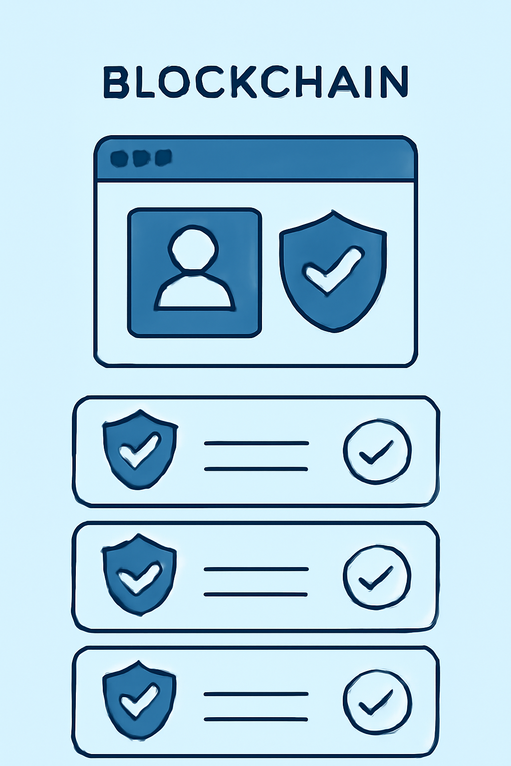 A secure digital identity verification process on a blockchain interface, with compliance checkmarks and shield icons.
