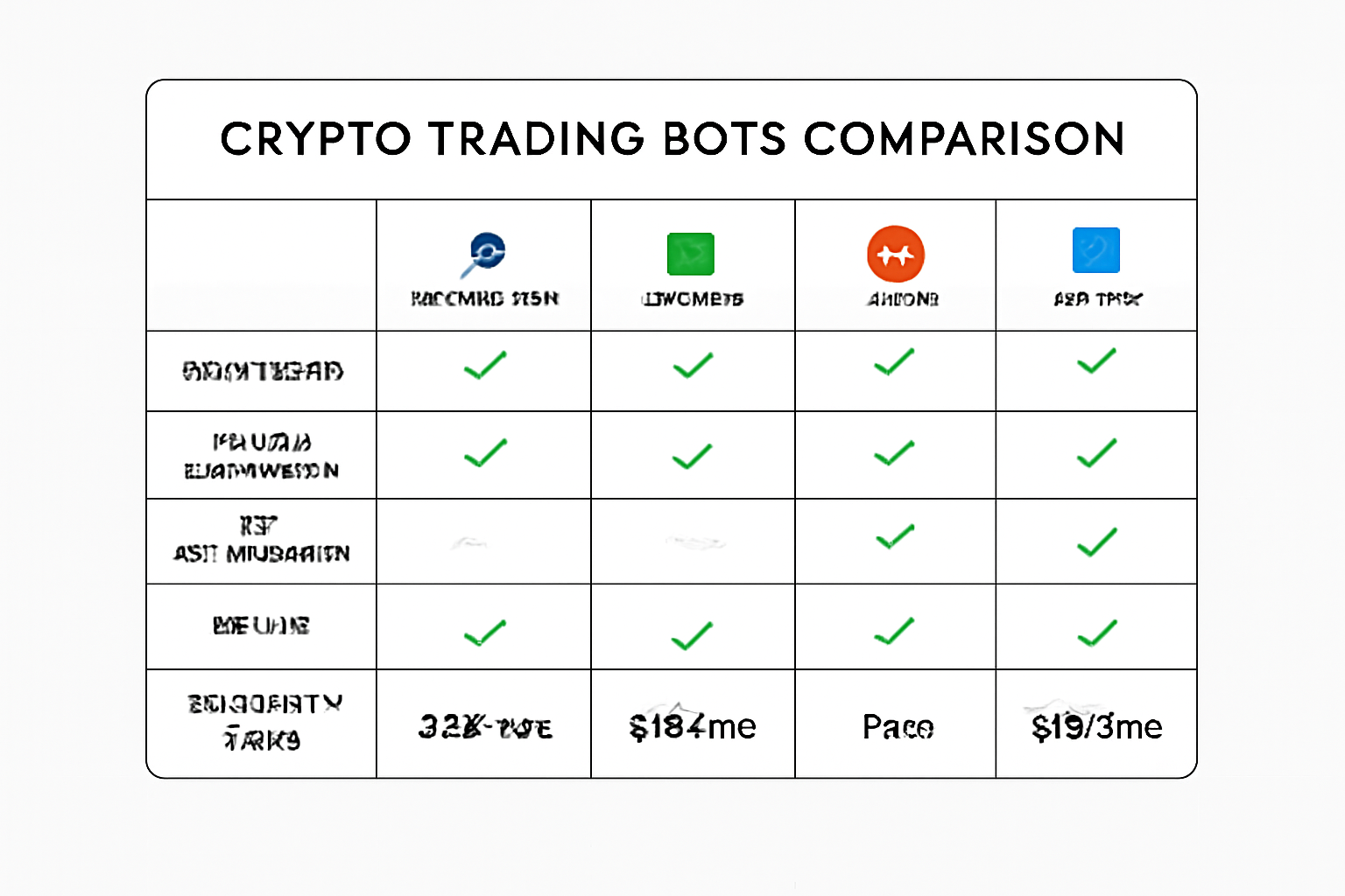 A comparison chart of popular crypto trading bots like Cryptohopper, 3Commas, Pionex, and Altrady, with features and prices highlighted, modern UI, clean layout.