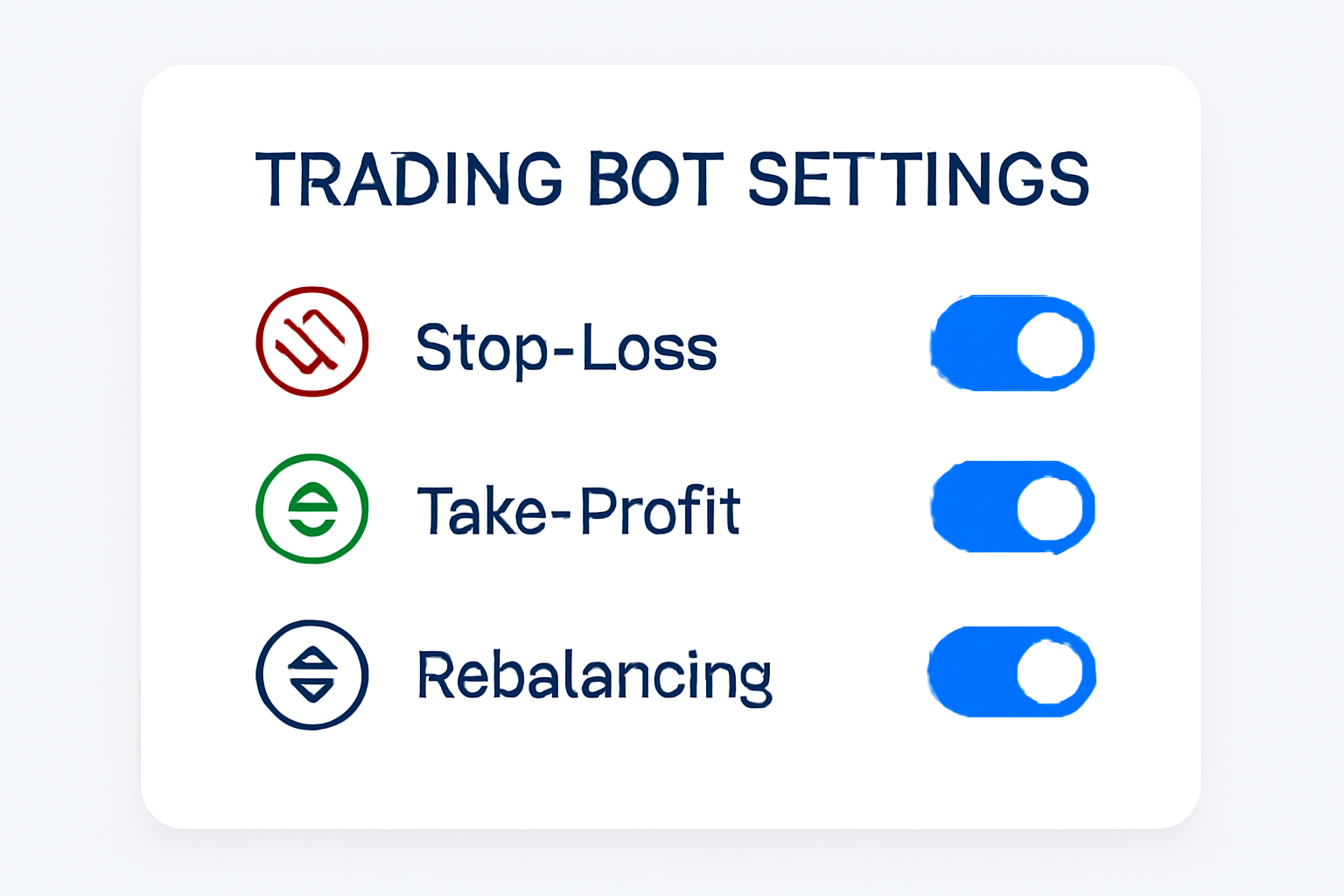 A trading bot settings page with options for stop-loss, take-profit, and rebalancing, highlighted with icons and toggles, modern UI.