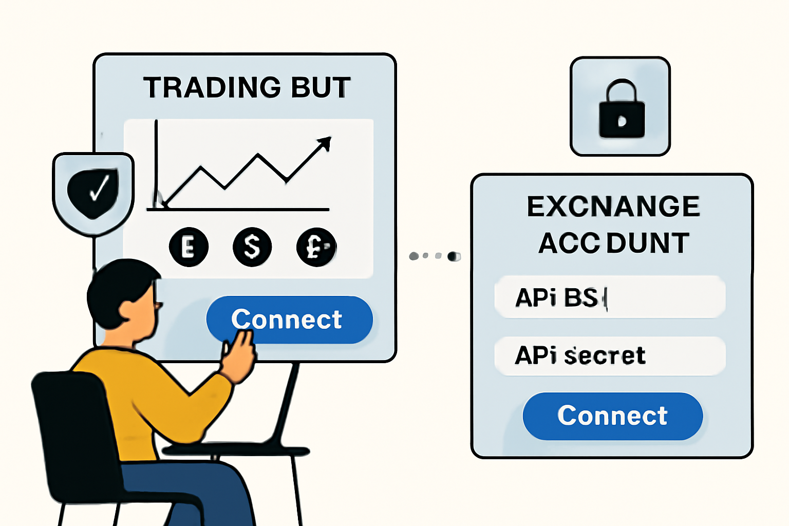 A user connecting a crypto trading bot dashboard to a major exchange account using API keys, with security icons and a digital interface.