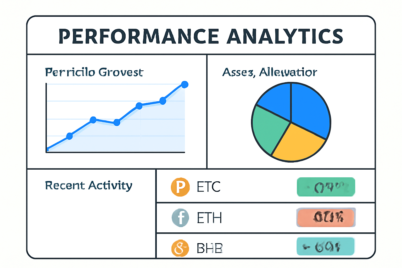 A performance analytics dashboard with charts showing portfolio growth, asset allocation, and recent price changes for BTC, ETH, and BNB.