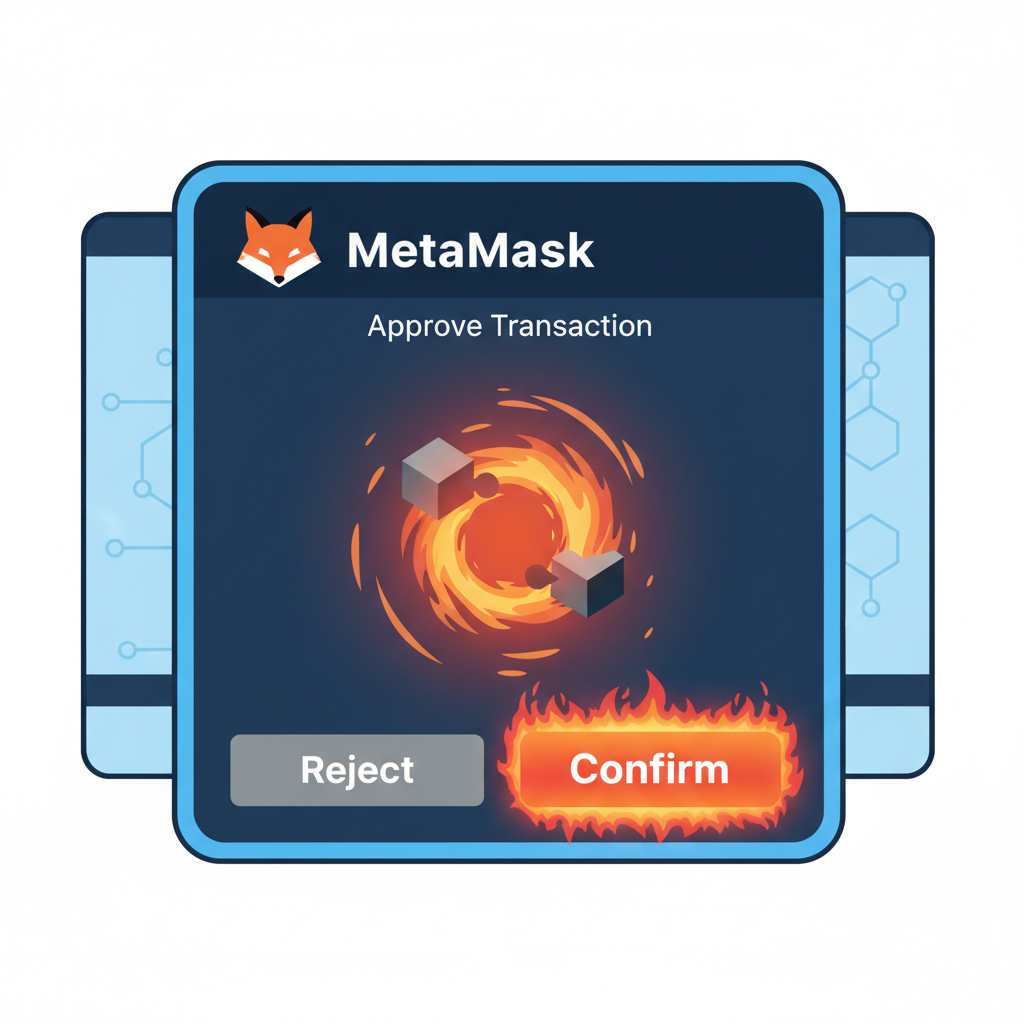 MetaMask approval popup with confirm button pulsing, fiery transaction effects