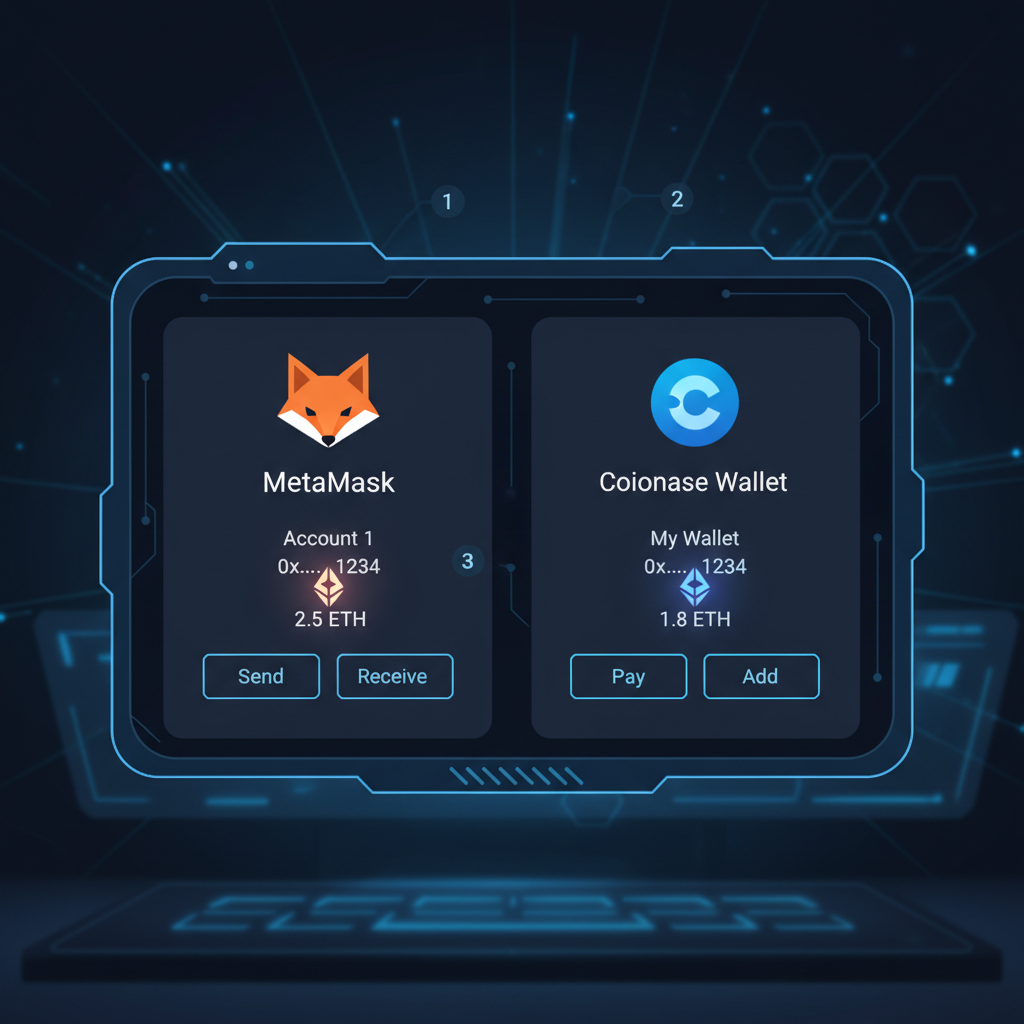 sleek MetaMask and Coinbase Wallet interfaces on dark futuristic screen with ETH glowing