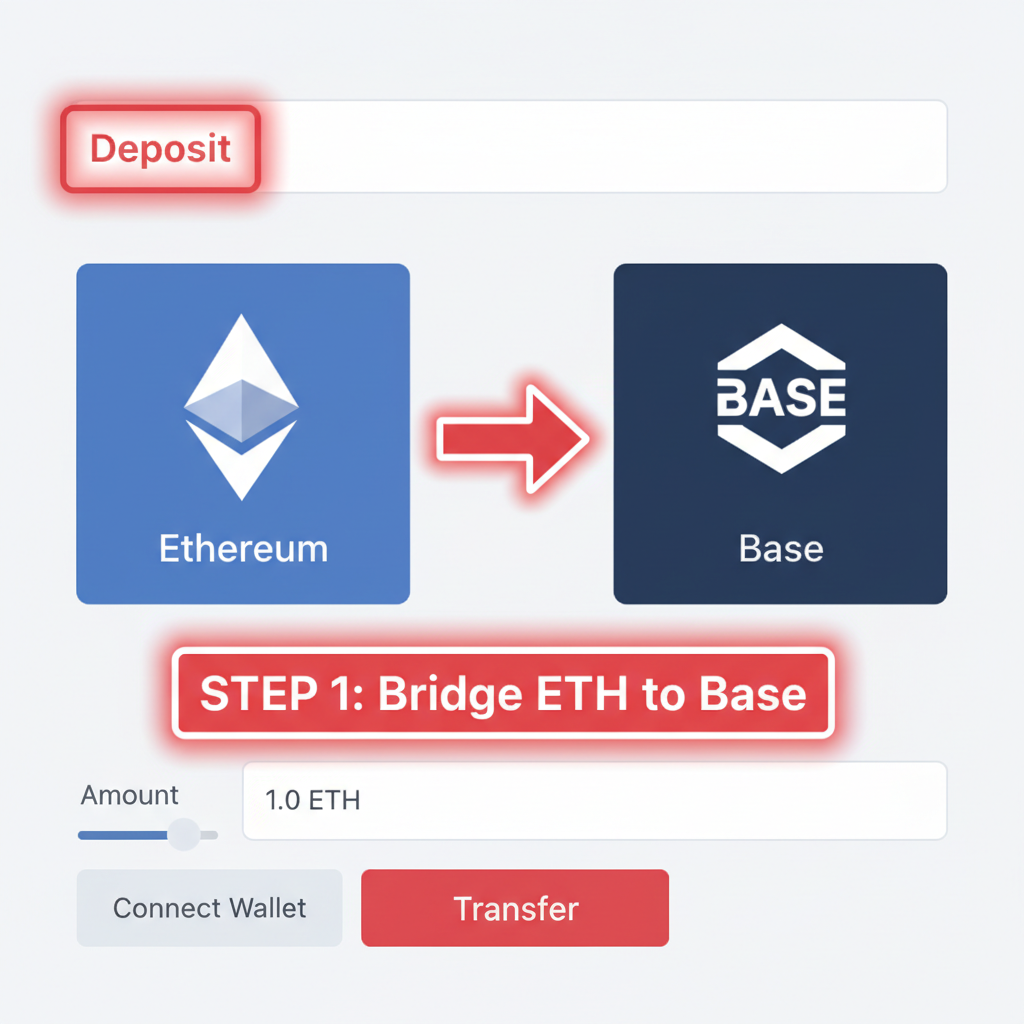 Deposit tab highlighted on Base bridge UI, dramatic red arrow from ETH to Base