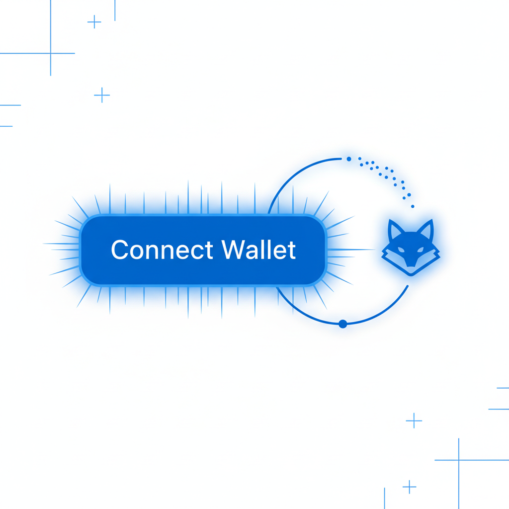 glowing Connect Wallet button linking to MetaMask icon, electric blue energy
