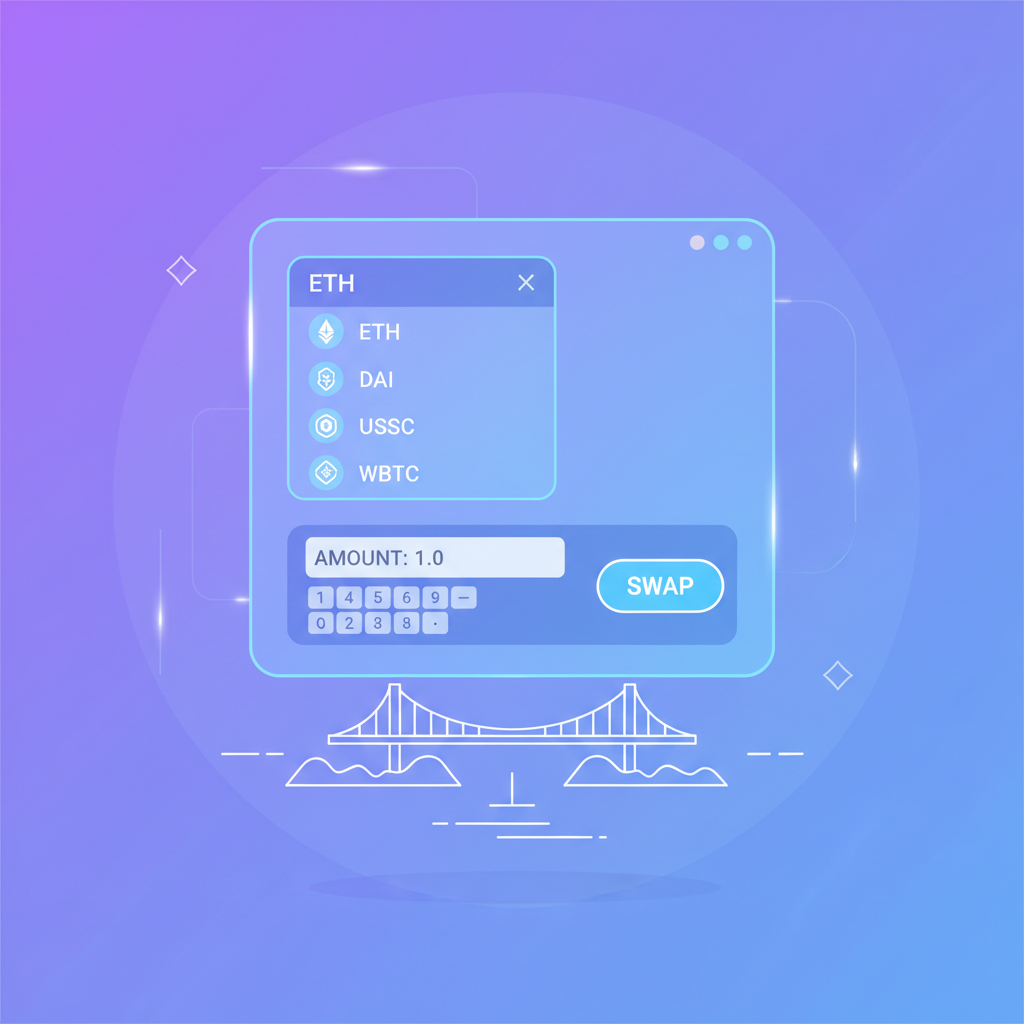 ETH selection dropdown and amount input field on bridge, holographic display