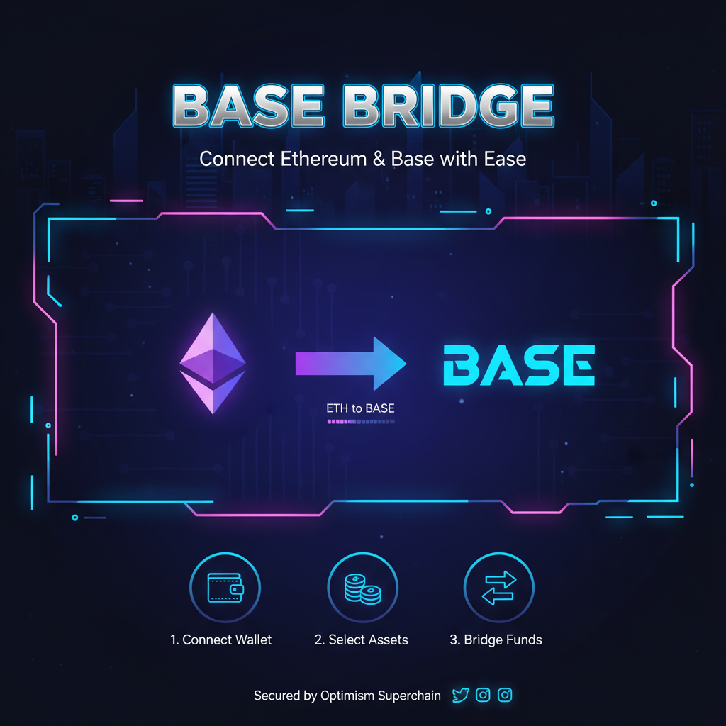 bold Base bridge website homepage, cyberpunk neon lights, Ethereum to Base arrow