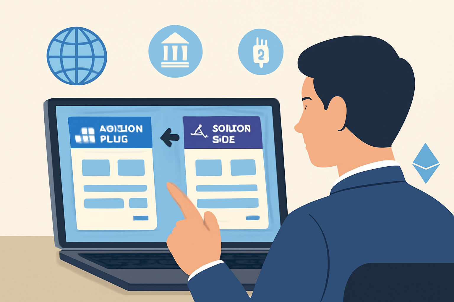 A professional businessperson comparing digital interfaces of different crypto banks on a laptop, with logos and icons representing global banking and cryptocurrencies.