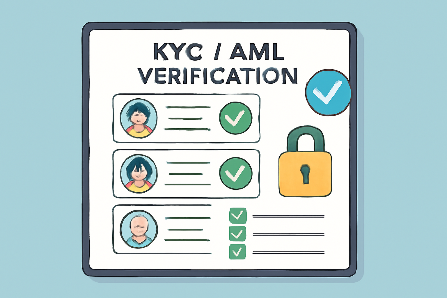 A digital form on a computer screen with ID cards, compliance checkmarks, and security icons symbolizing KYC/AML verification.