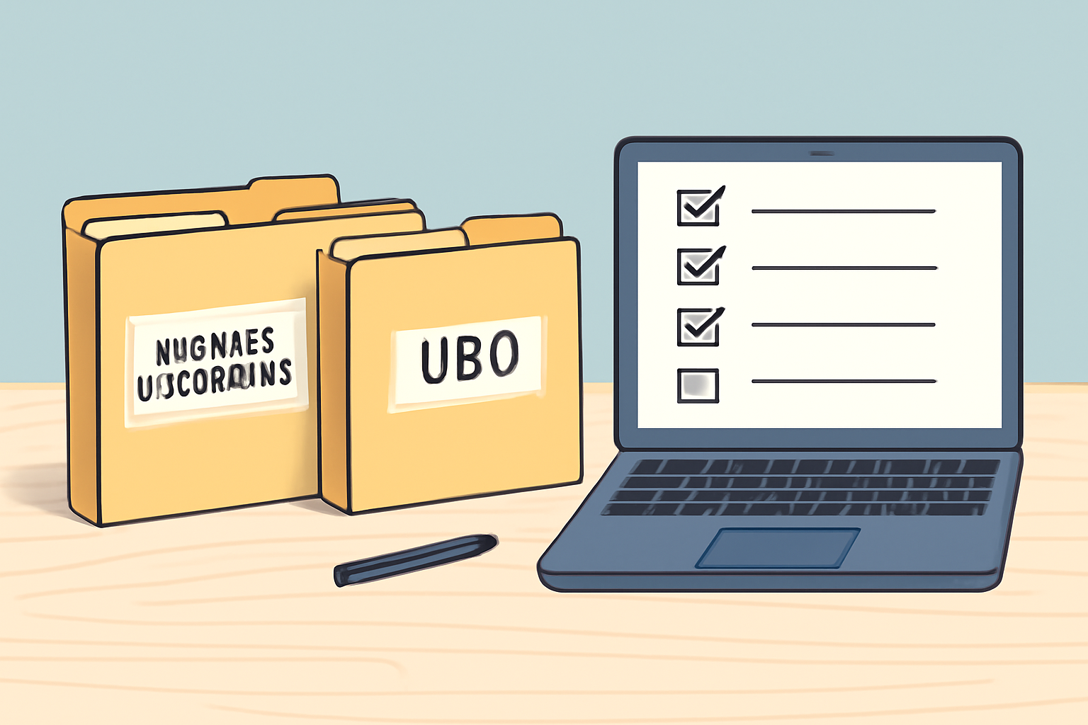 A neat desk with organized folders labeled 'Business Documents,' 'EIN,' and 'UBO,' alongside a laptop displaying a checklist.