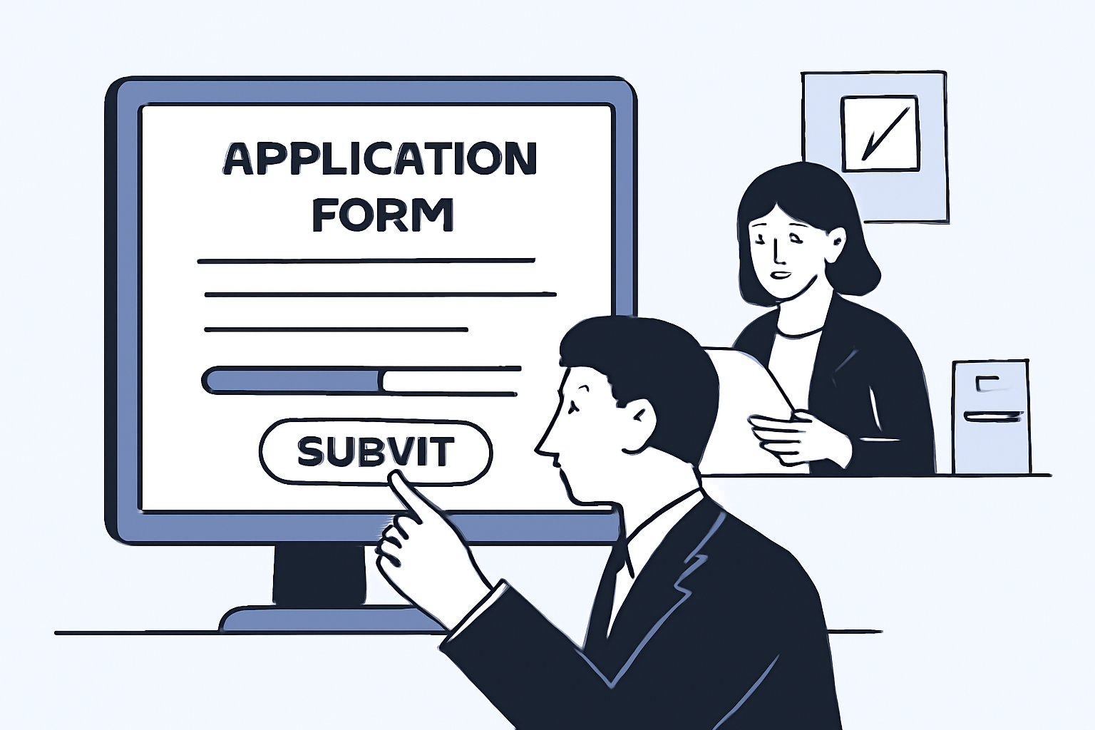 A businessperson clicking 'Submit' on an online application form, with a progress bar and compliance officer reviewing documents in the background.