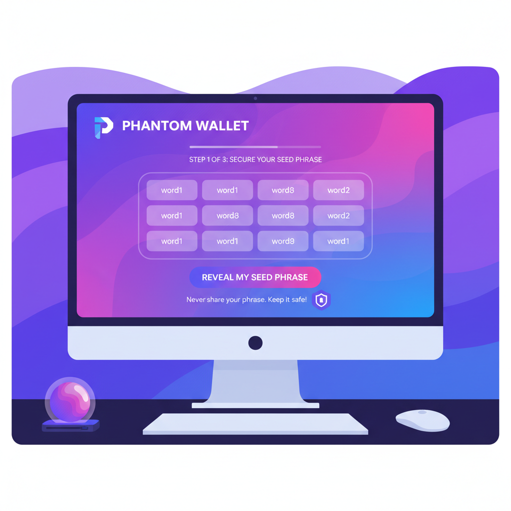 Sleek Phantom wallet setup interface on desktop, vibrant purple Solana theme, secure seed backup screen