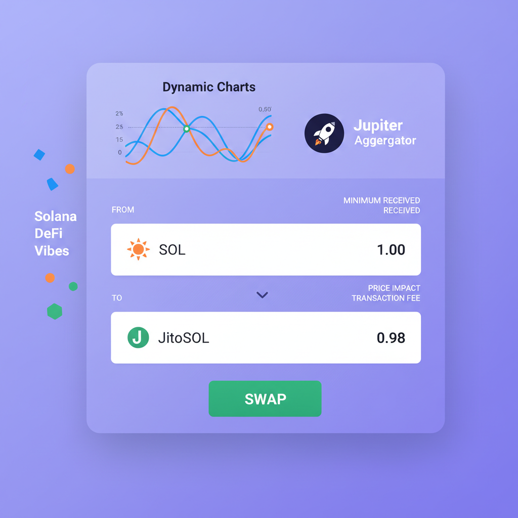Jupiter Aggregator swap screen, SOL to JitoSOL conversion, dynamic charts and Solana DeFi vibes
