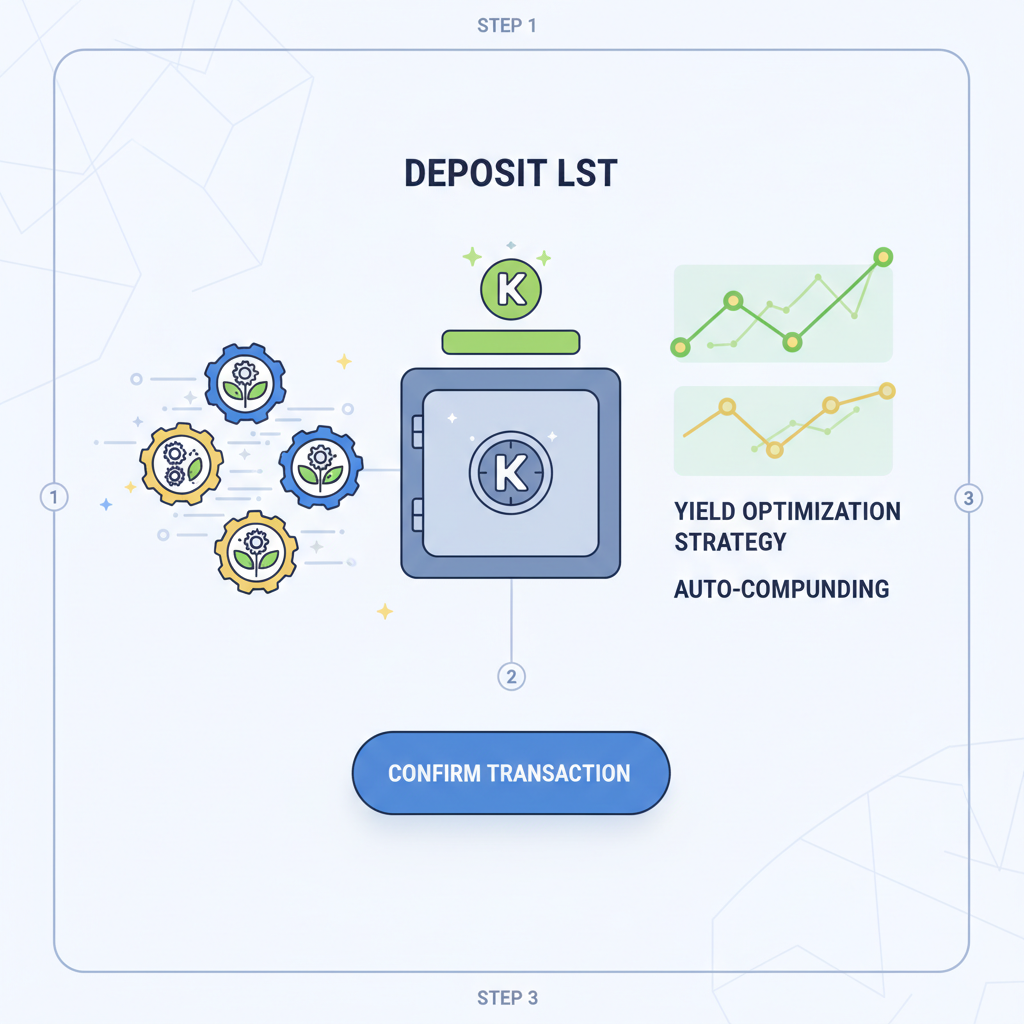 Kamino Finance vault deposit interface, LST tokens flowing in, yield optimization graphs glowing