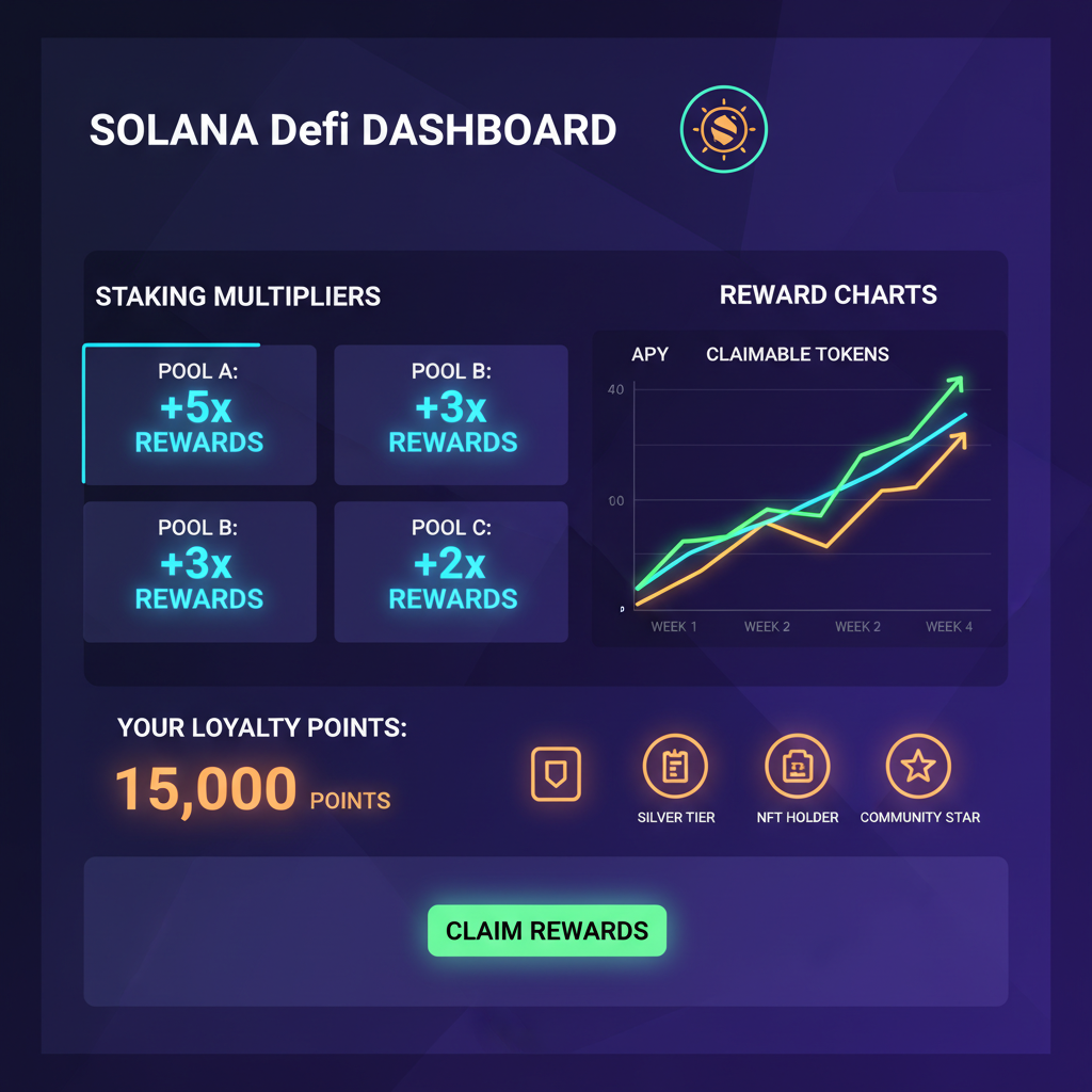 Solana DeFi dashboard with staking multipliers, reward charts, loyalty points glowing in neon