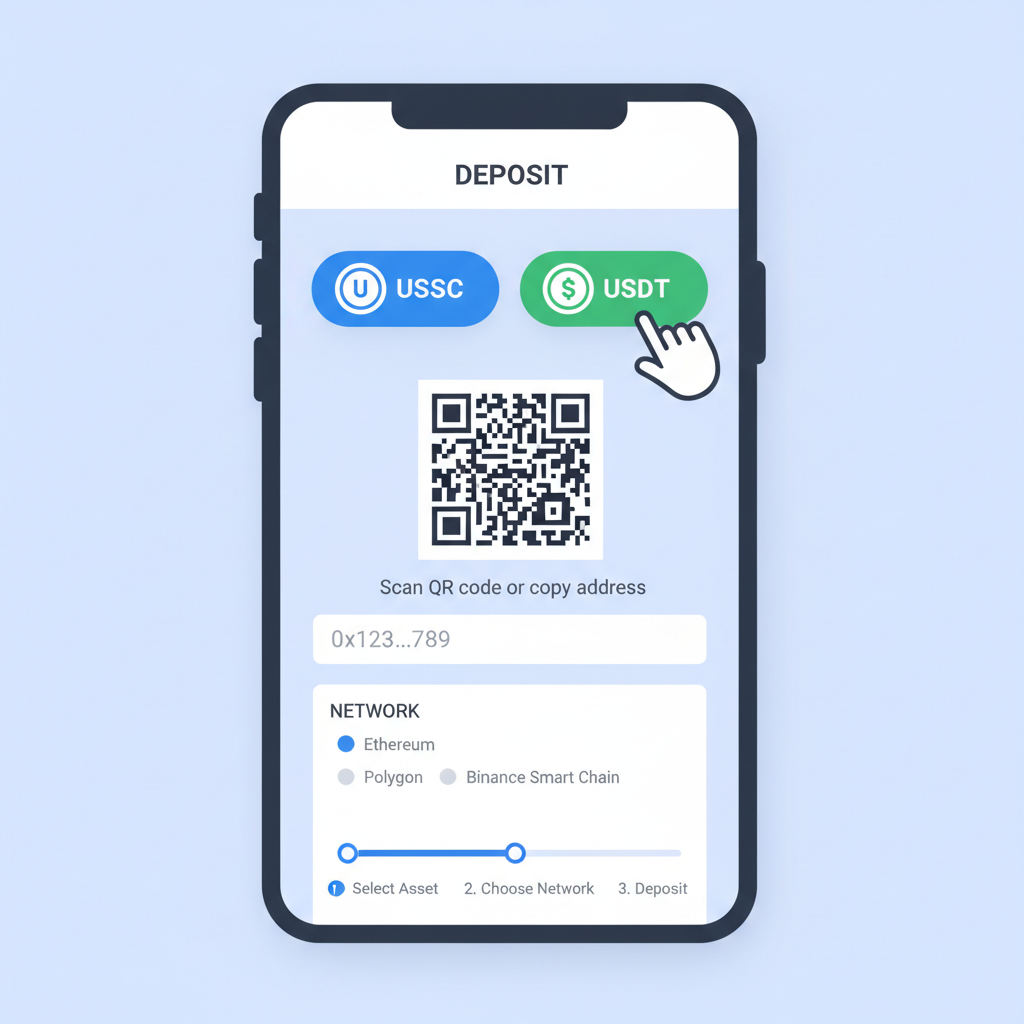 KAST app deposit screen showing USDC USDT options, QR code address, blockchain network selector