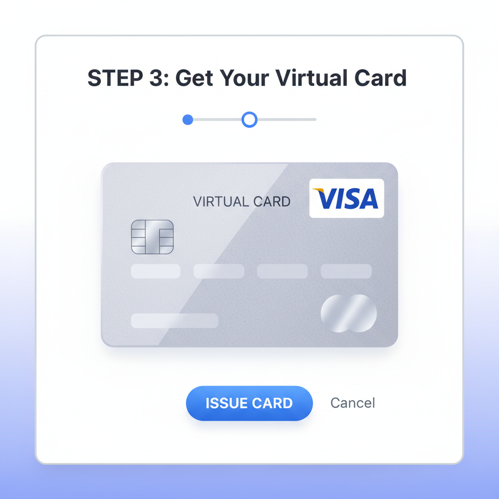 virtual Visa card issuance screen, shiny platinum card design with details blurred, issue button glowing