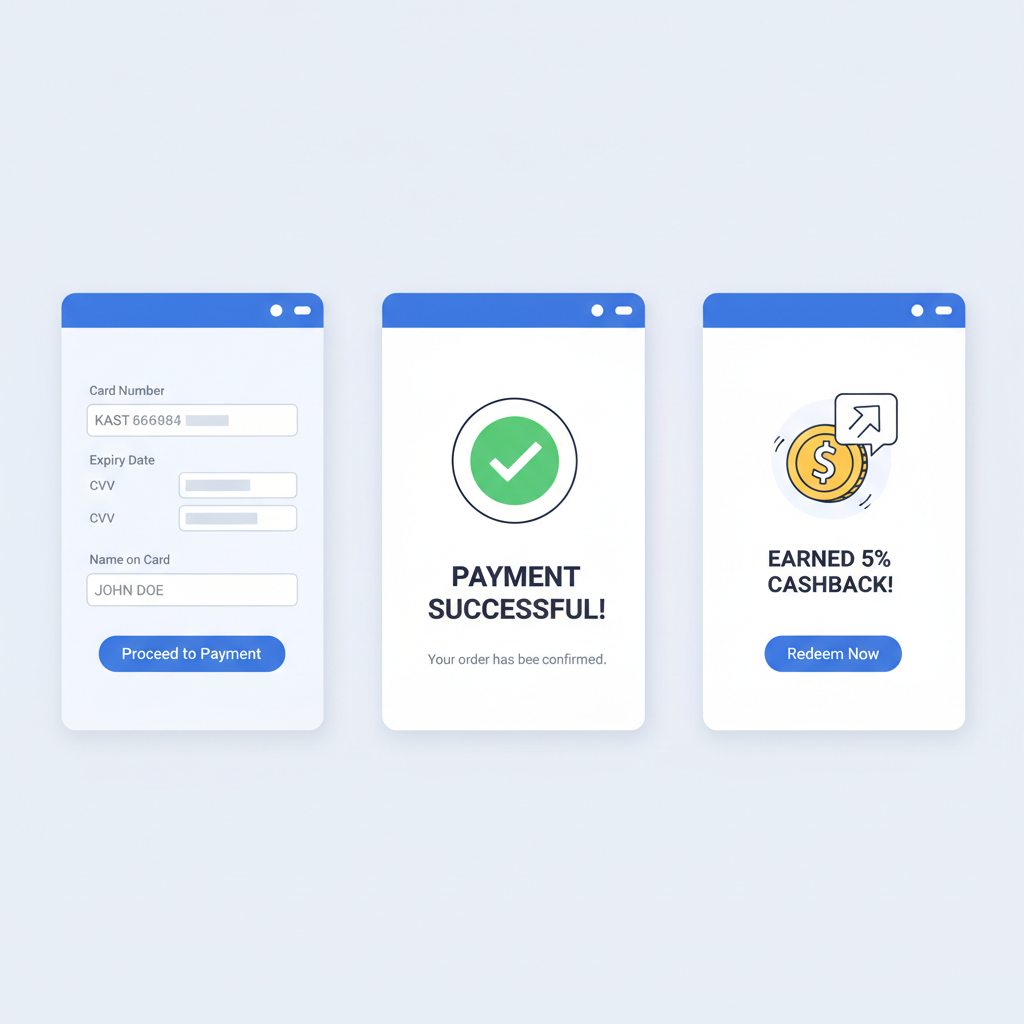 online shopping checkout with KAST virtual Visa card entered, success confirmation, cashback notification