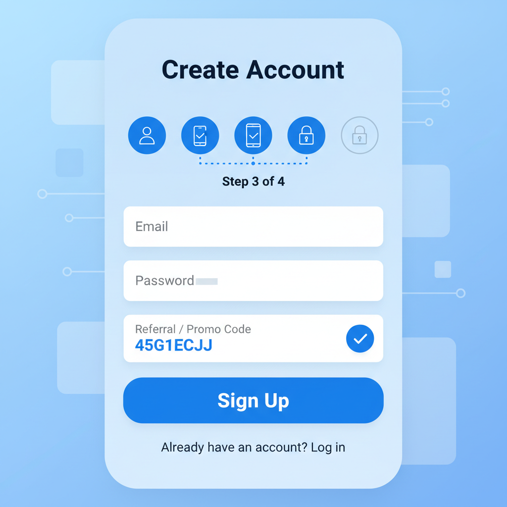 clean mobile app signup screen with promo code field entered 45G1ECJJ, modern crypto UI, blue tones