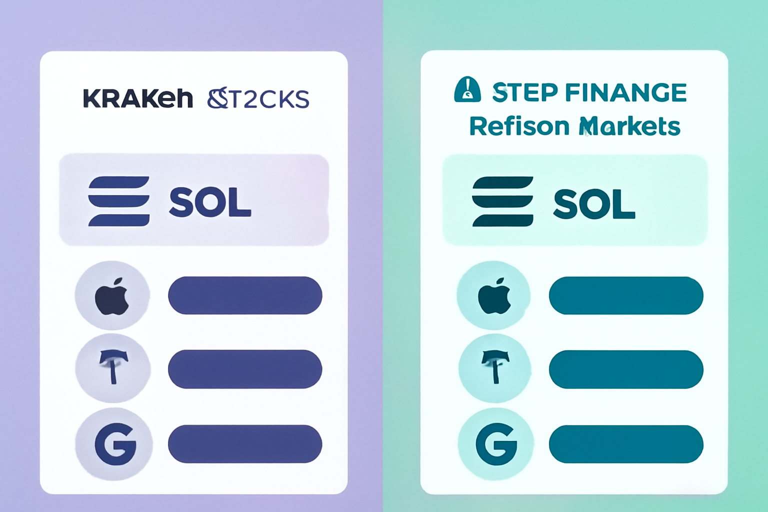 A split-screen showing the Kraken xStocks and Step Finance Remora Markets interfaces, with Solana logos and digital stock tokens displayed.