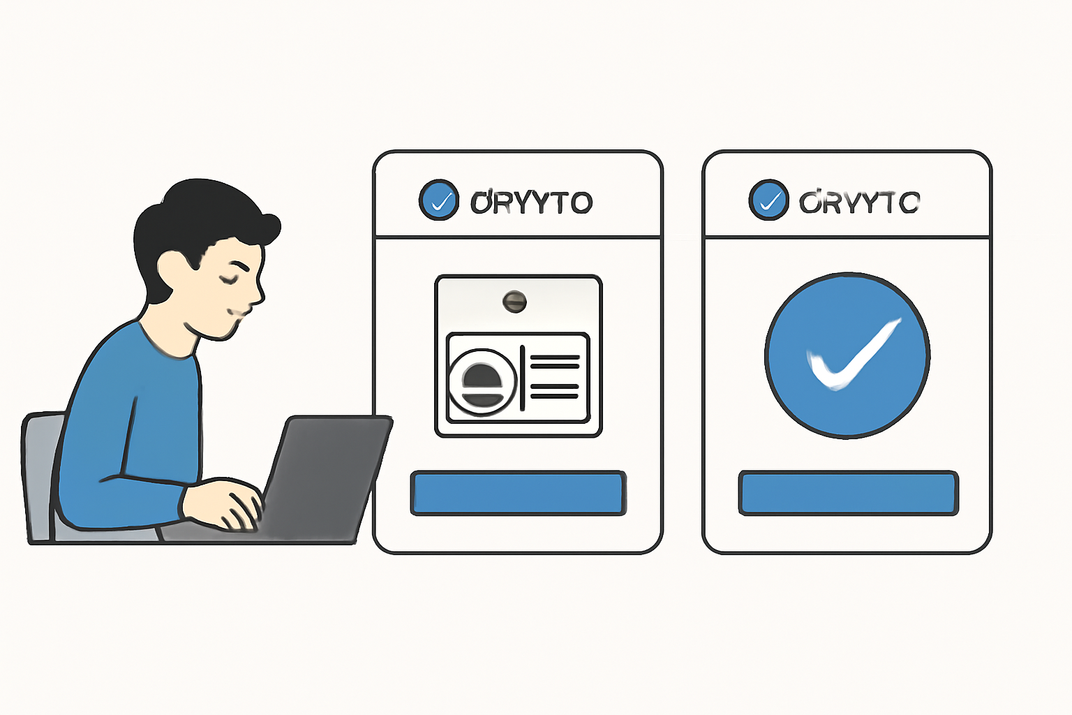 A user filling out a digital form, uploading an ID, and receiving a verification checkmark on a modern crypto platform interface.
