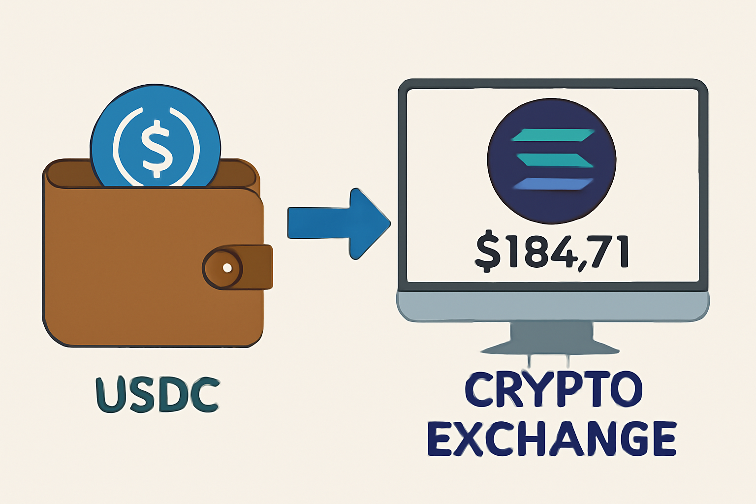 A wallet transferring USDC into a crypto exchange account, with a Solana logo and current SOL price ($154.71) displayed.