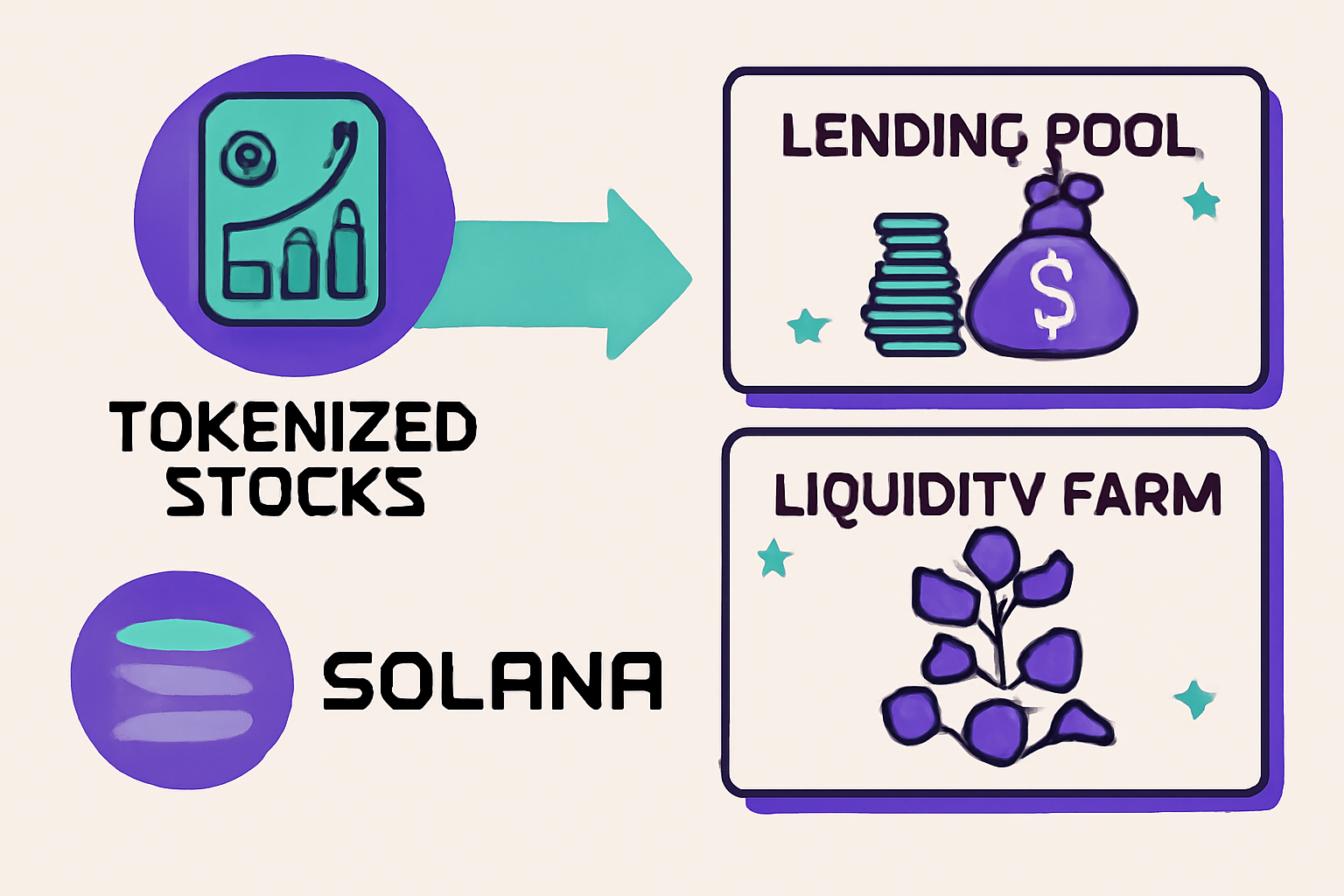Tokenized stocks being used in various DeFi applications, such as lending pools and liquidity farms, with vibrant Solana branding.