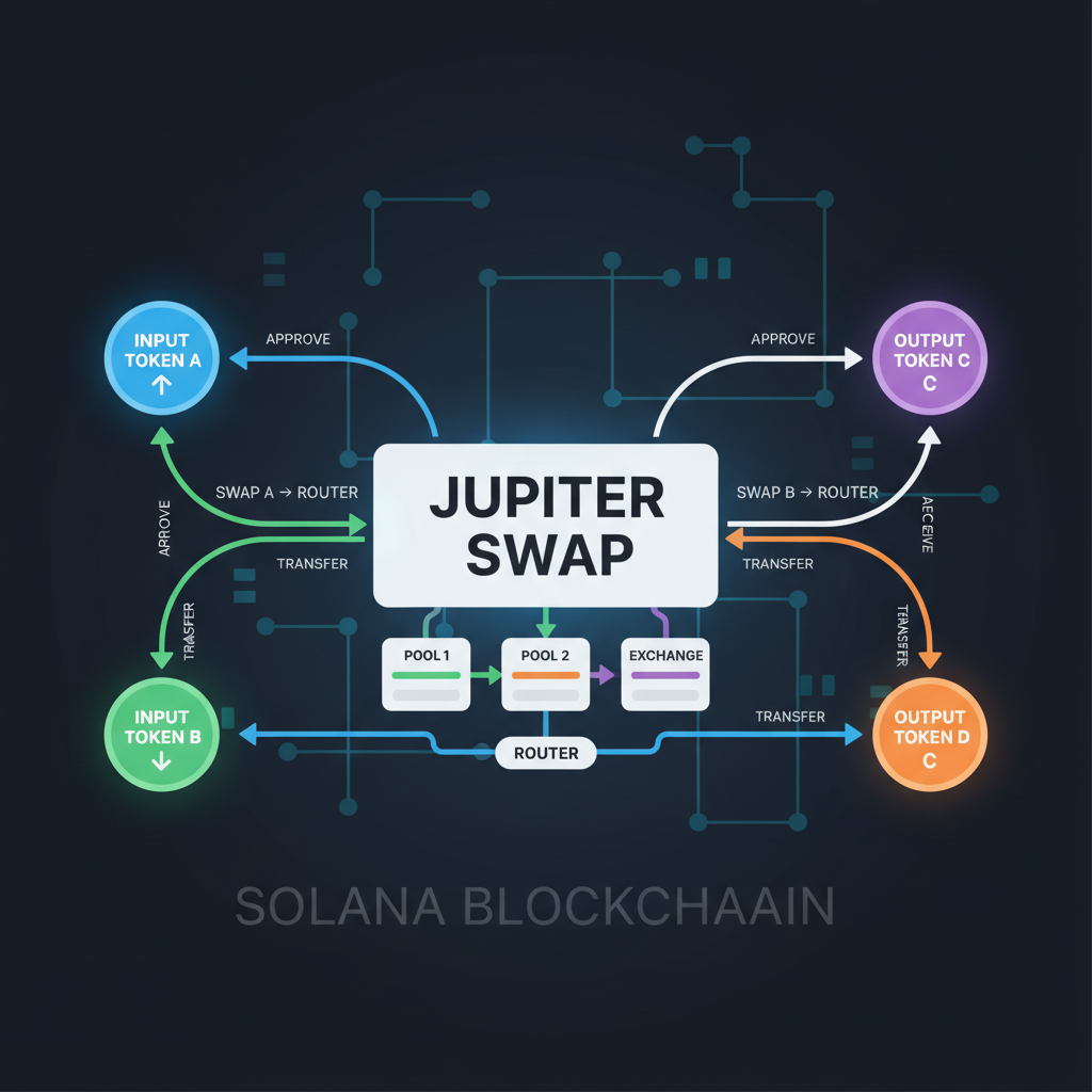 constructing Jupiter swap instruction graph with token flows, vibrant Solana blockchain nodes connecting, ethereal digital architecture