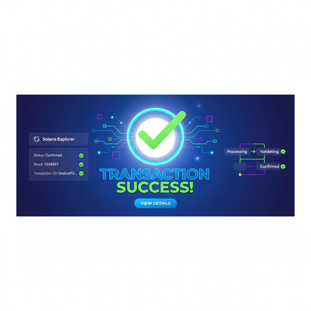 on-chain transaction confirmation screen with Solana explorer view, success checkmarks and blockchain visualization, triumphant cyber glow