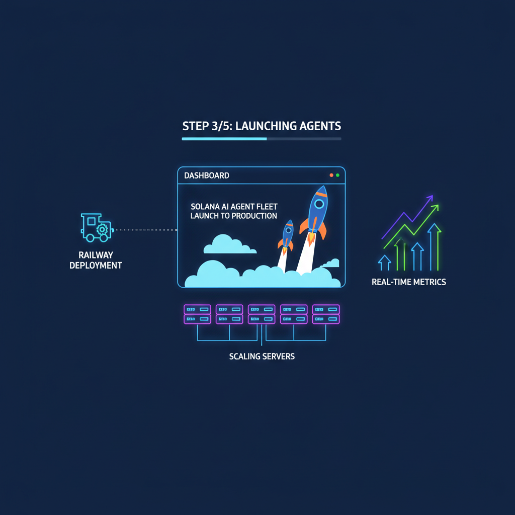 railway deployment dashboard solana ai agent fleet launching to production, rockets clouds servers scaling neon graphs