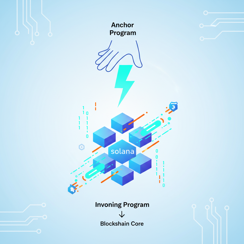 invoking Anchor program on Solana, lightning bolt transaction firing into blockchain core, futuristic code streams