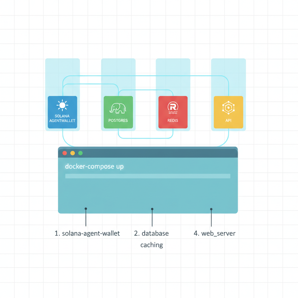 docker compose setup solana agentwallet postgres redis api containers interconnected, developer terminal holographic stacks