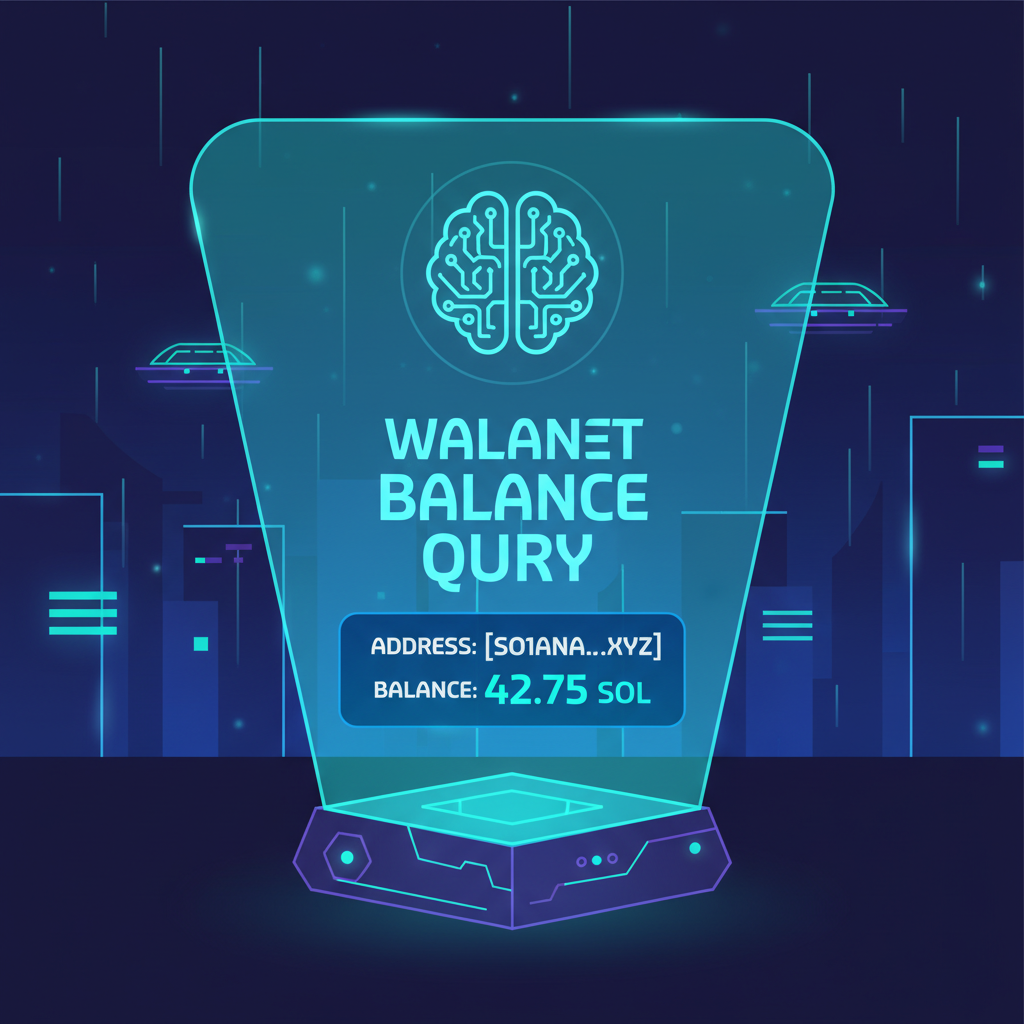 futuristic AI agent holographic display showing Solana wallet balance query, neon blues and greens, cyberpunk style