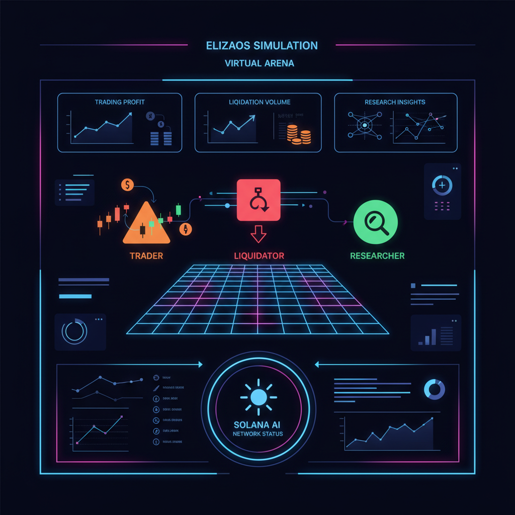 elizaos simulation dashboard with solana ai agents trader liquidator researcher collaborating in virtual arena, dynamic charts graphs neon grid